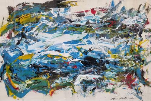 2024 Kevätpäivä joella Akryyli paperille 55cm x 65cm Kehystetty